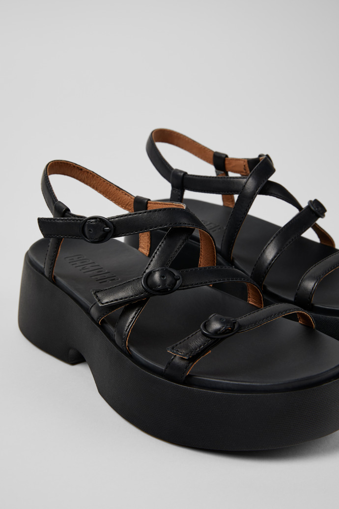 Close-up view of Tasha Black Leather Sandals for Women.