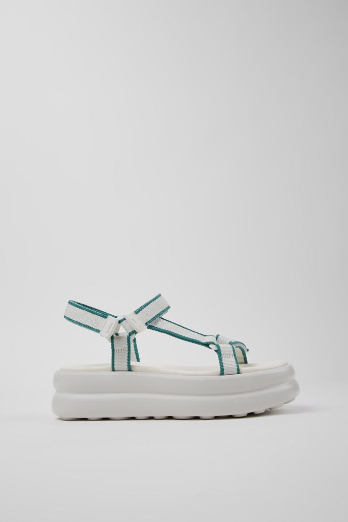 Side view of Pelotas Flota Up White and Green Textile Sandals for Women.