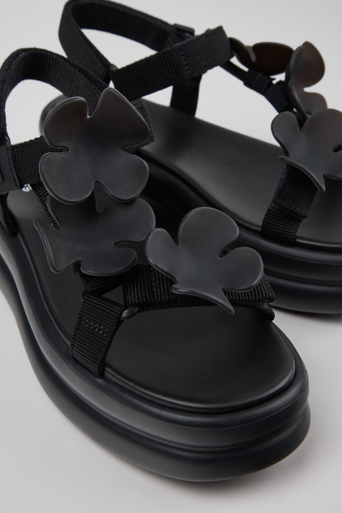 Close-up view of Twins Black Textile Sandals for Women.