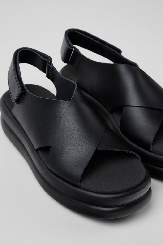 Close-up view of Pelotas Flota Up Black Leather Sandals for Women.