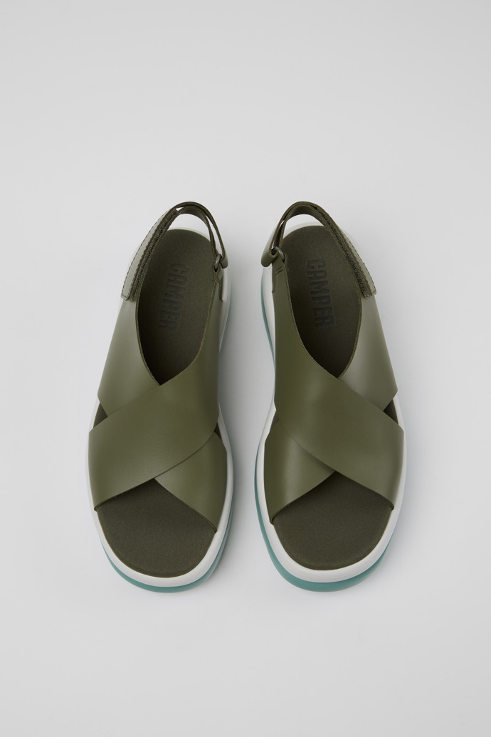 Overhead view of Pelotas Flota Up Green Leather Sandals for Women.