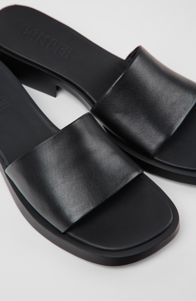 Close-up view of Dana Black Leather Sandals for Women.