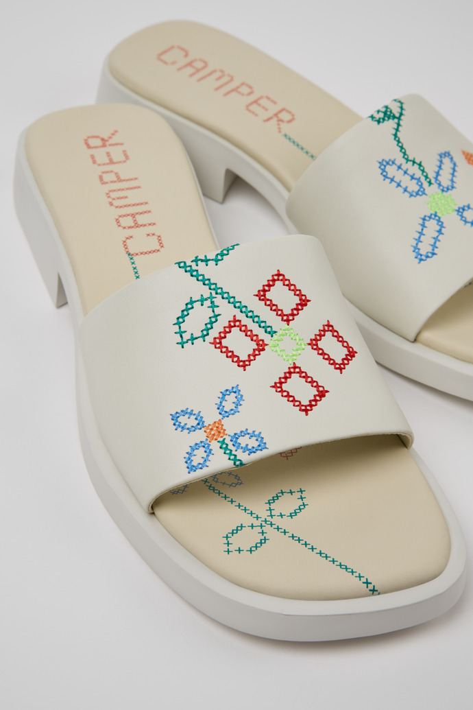 Close-up view of Twins White Leather Sandals for Women.