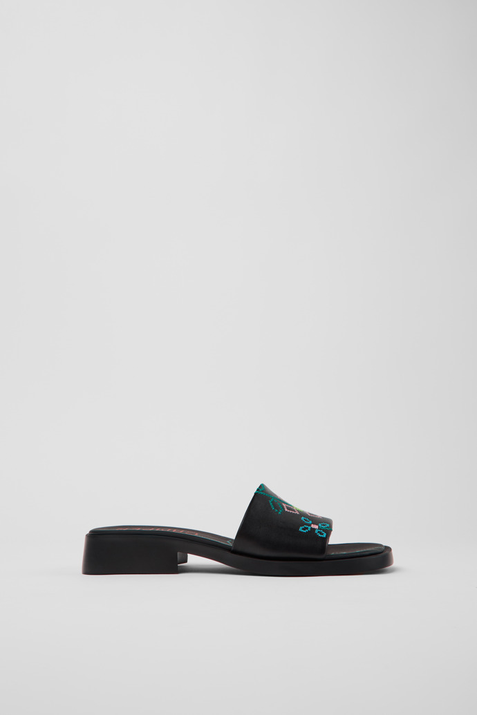 Side view of Twins Black Leather Women's Sandal.