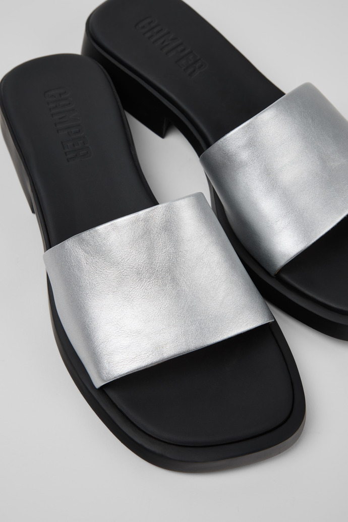 Close-up view of Dana Gray Leather Sandals for Women.