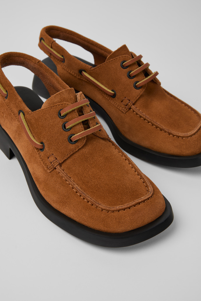 Close-up view of Dana Brown Nubuck Mocasin Shoes for Women.