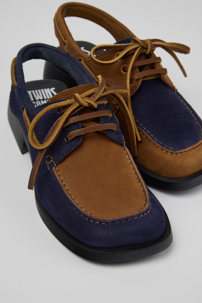 Close-up view of Twins Blue Leather Nubuck Semi-Open Shoes for Women.