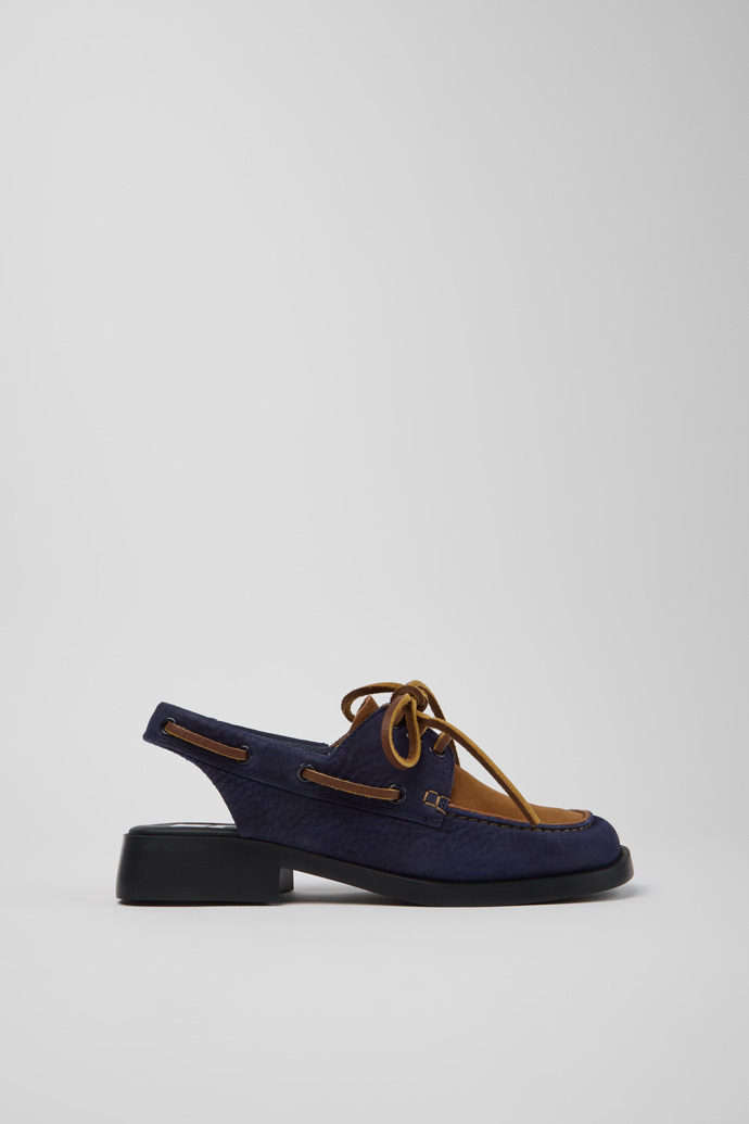 Side view of Twins Blue Leather Nubuck Semi-Open Shoes for Women.