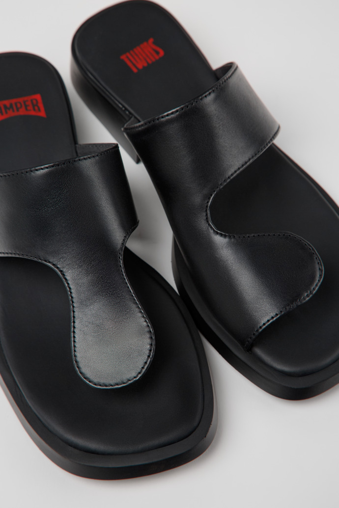 Close-up view of Twins Black Leather Sandals for Women.