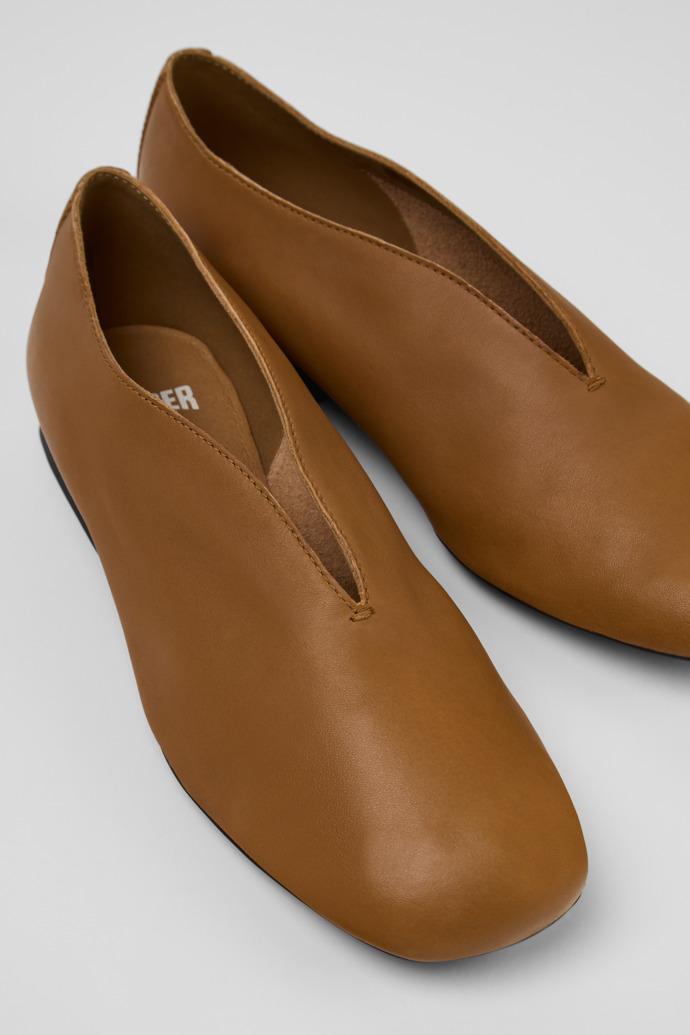 Close-up view of Casi Myra Brown Leather Ballerinas for Women.