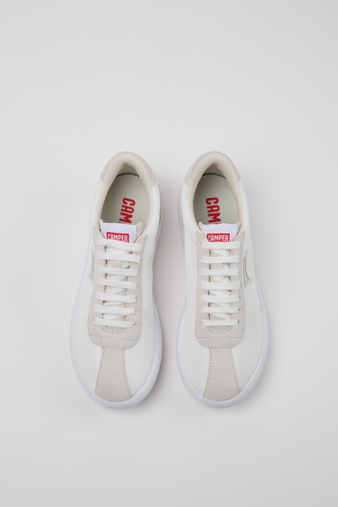 Overhead view of Pelotas XLite White Recycled PET and Nubuck Sneakers for Women.