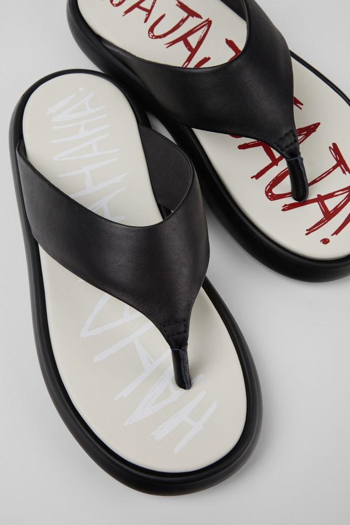 Close-up view of Twins Black Leather Sandals for Women.