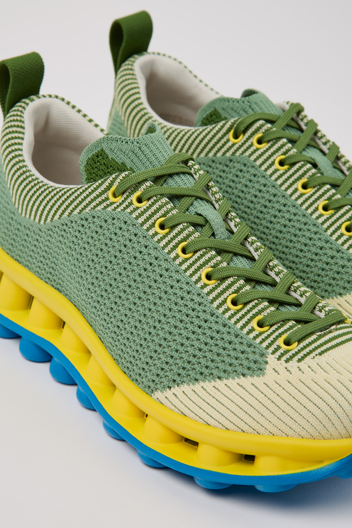 Close-up view of Camper x SUNNEI - PELOTISSIMA Green, Blue and White Textile Sneakers for Women.