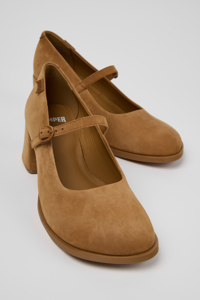 Close-up view of Kora Brown Nubuck Leather Heels for Women.