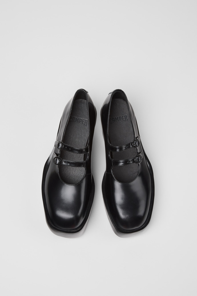 Overhead view of Billie Black Leather Moccasins for Women.