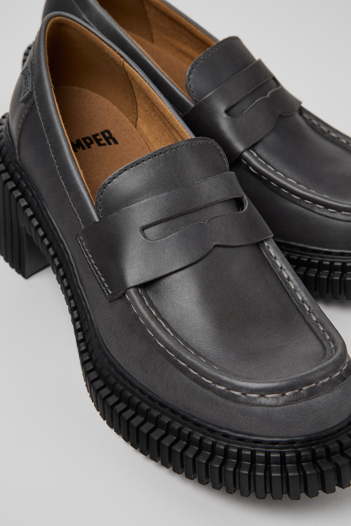Close-up view of Pix London Gray Leather Moccasins for Men.