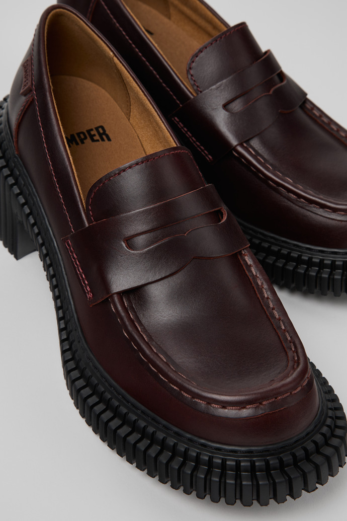 Close-up view of Pix London Burgundy Leather Moccasins for Men.