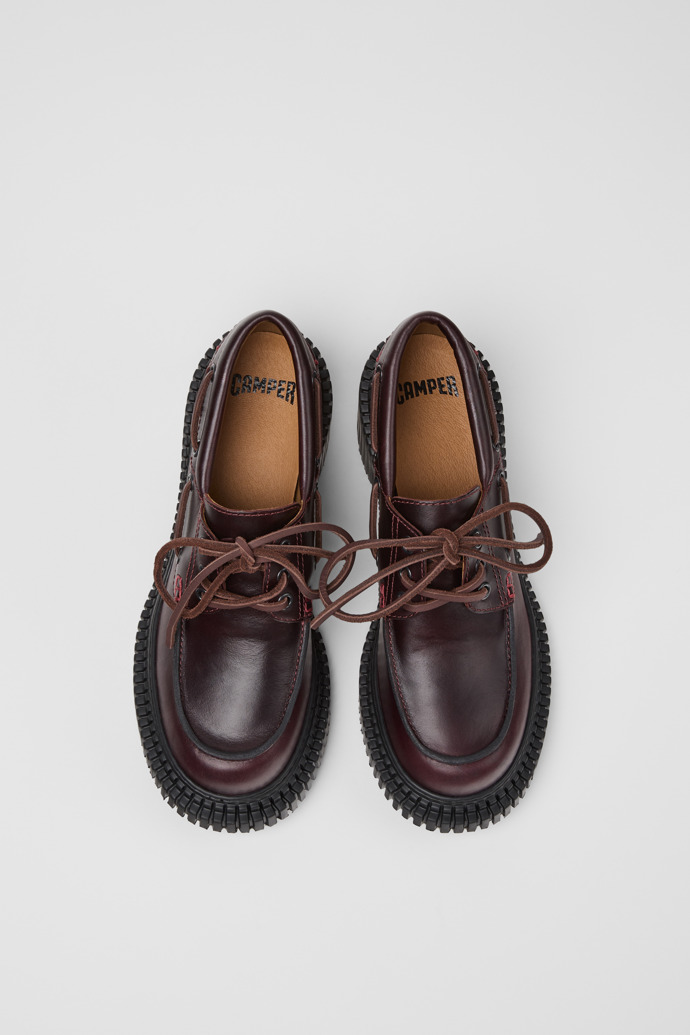 Overhead view of Pix London Burgundy Leather Moccasin Shoes for Women.