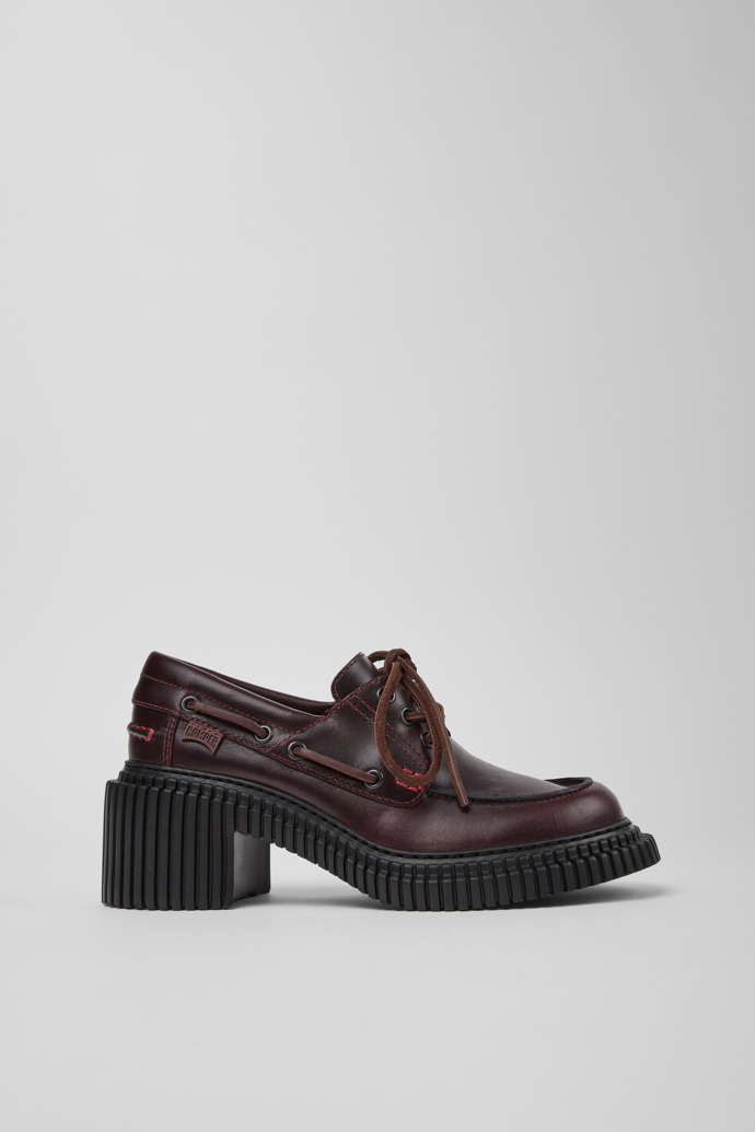 Side view of Pix London Burgundy Leather Moccasin Shoes for Women.
