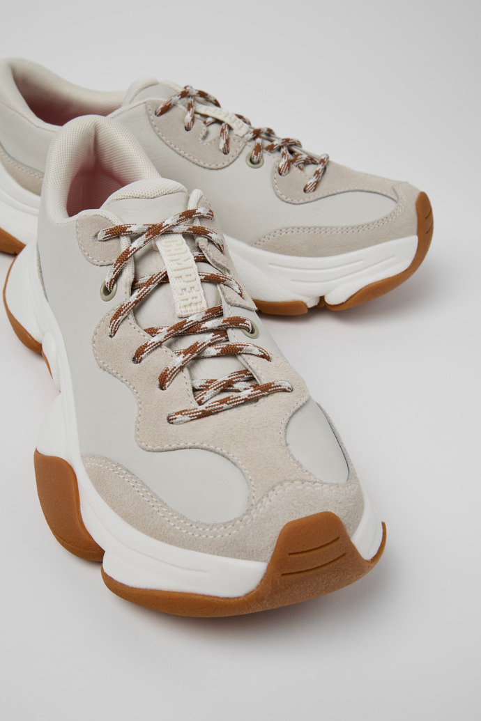 Close-up view of Karst 2 White and Gray Leather Sneakers for Women.