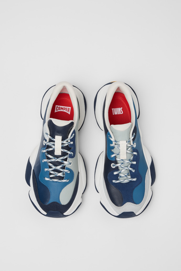 Overhead view of Twins Blue and Gray Leather Sneakers for Women.