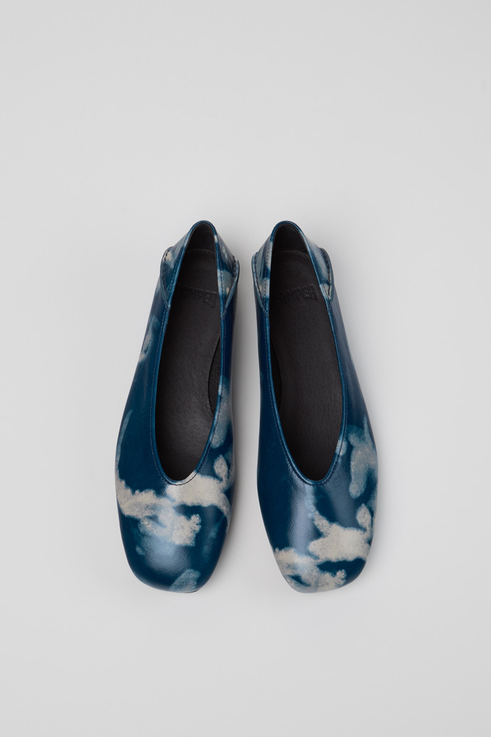 Overhead view of Casi Myra Blue and Gray Leather Ballerinas for Women.