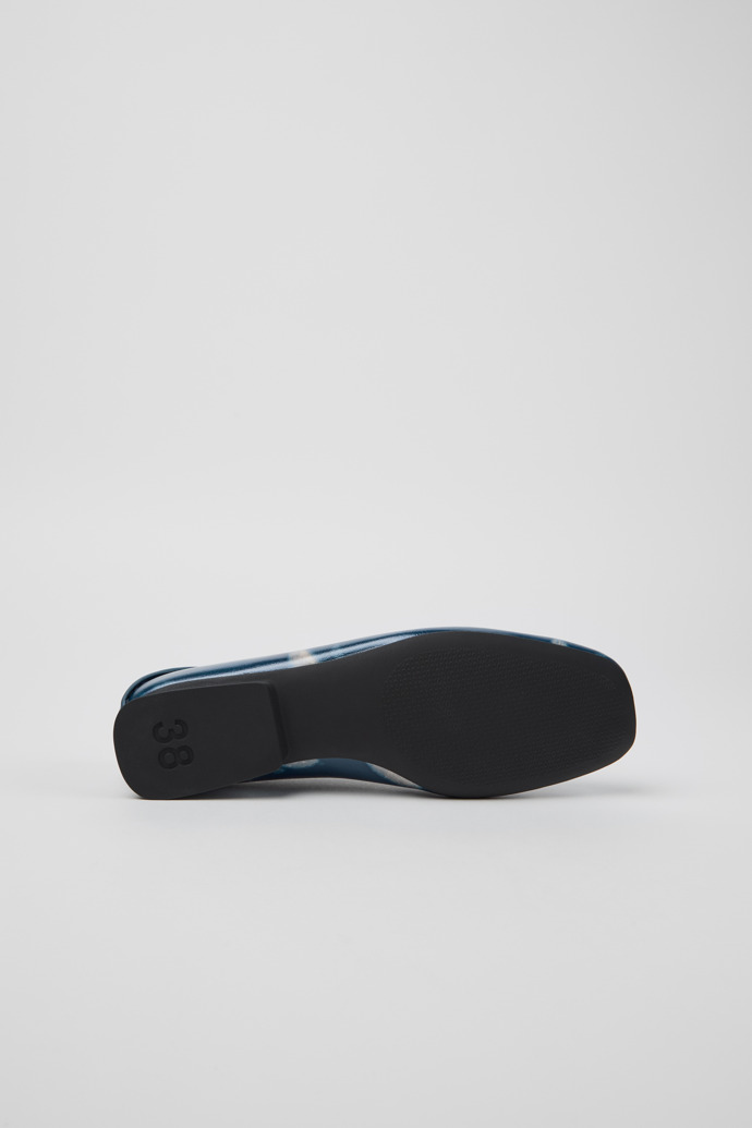The soles of Casi Myra Blue and Gray Leather Ballerinas for Women.