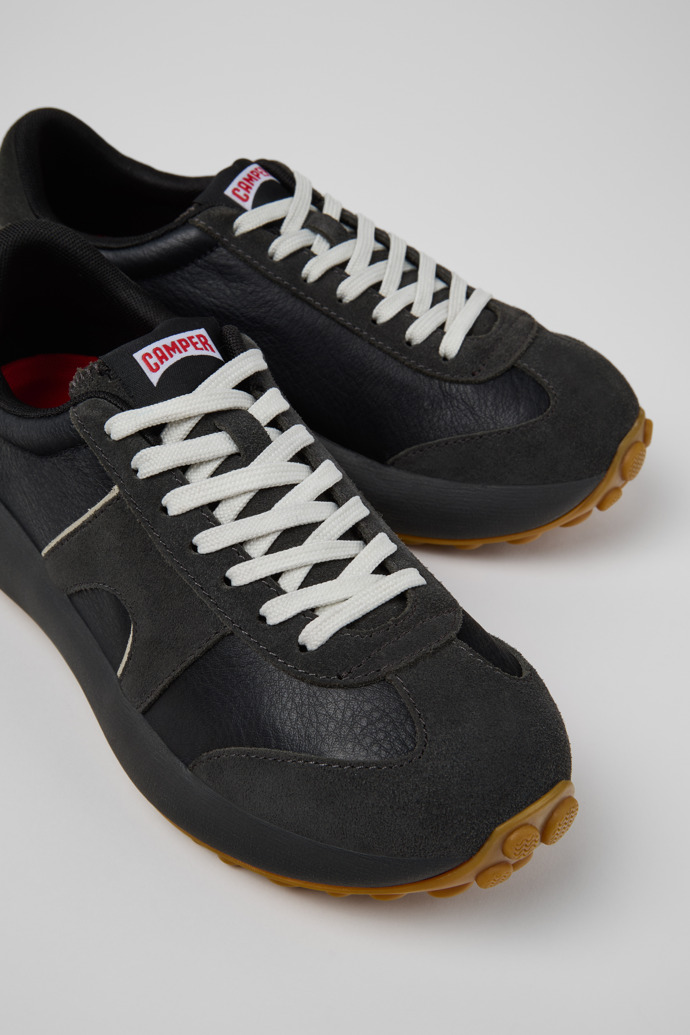 Close-up view of Pelotas Athens Black and Gray Leather and Nubuck Sneakers for Women.