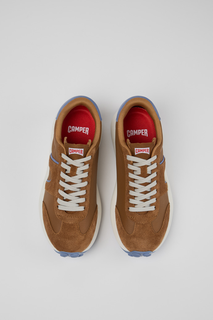 Overhead view of Pelotas Athens Brown and Blue Leather and Nubuck Sneakers for Women.