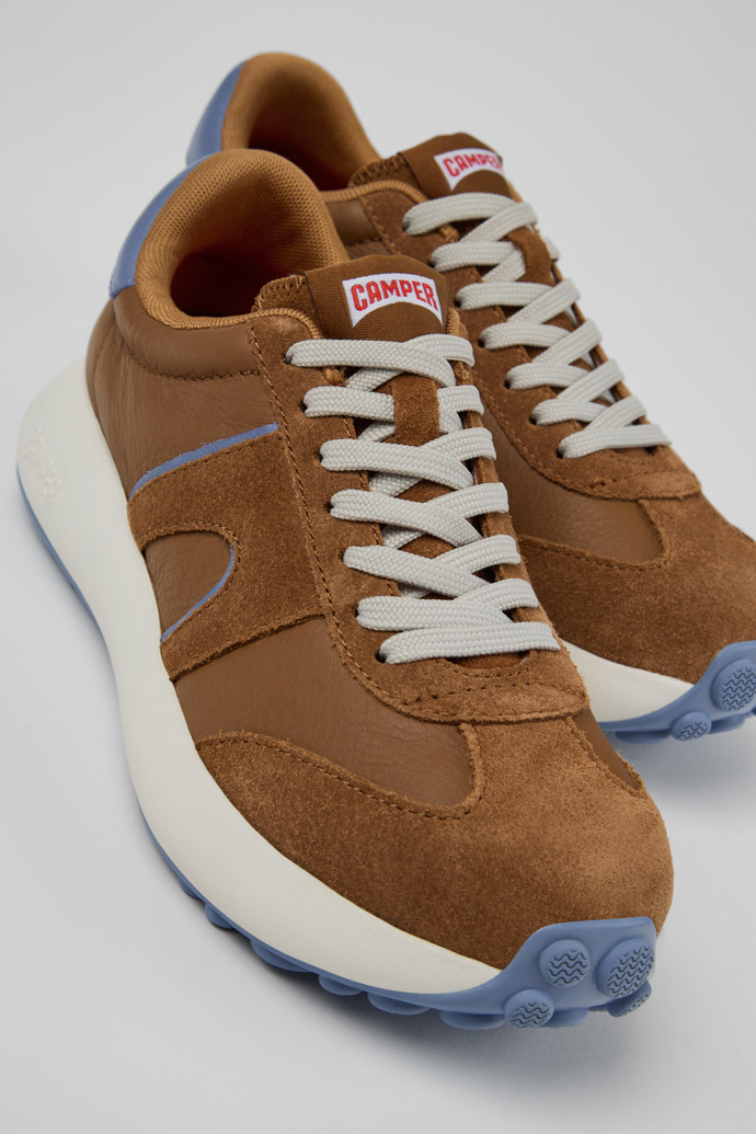 Close-up view of Pelotas Athens Brown and Blue Leather and Nubuck Sneakers for Women.