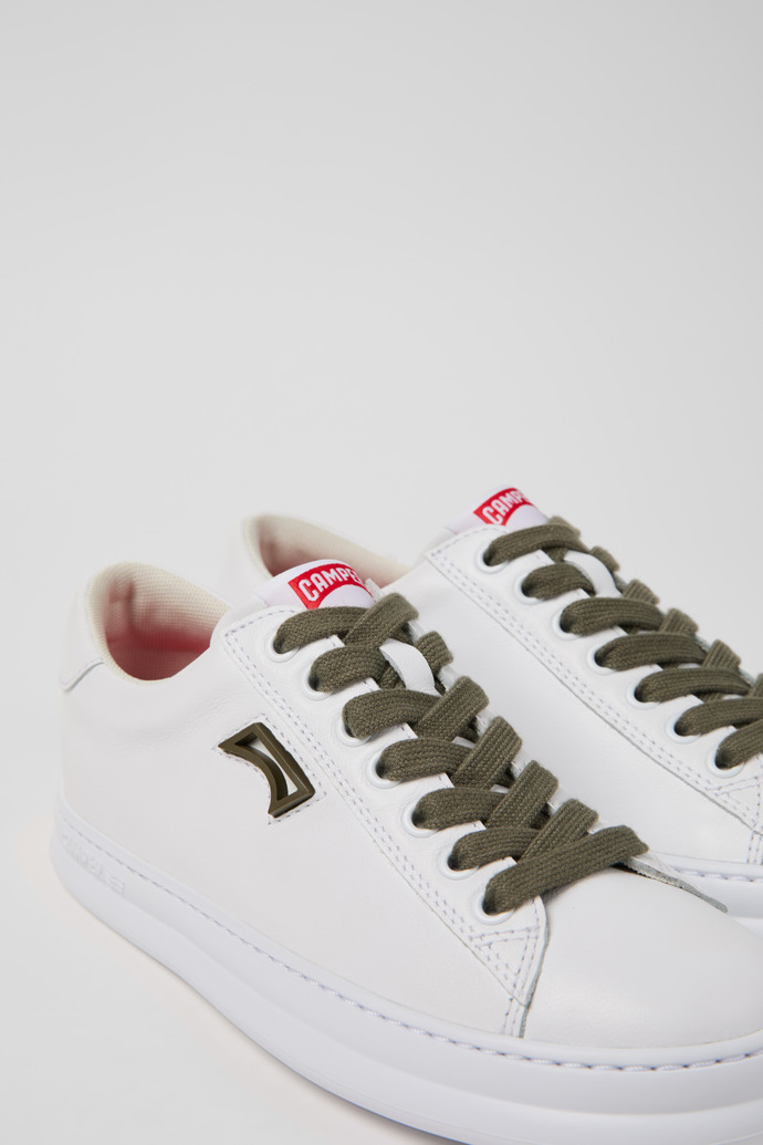 Close-up view of Runner White Leather Sneakers for Women.