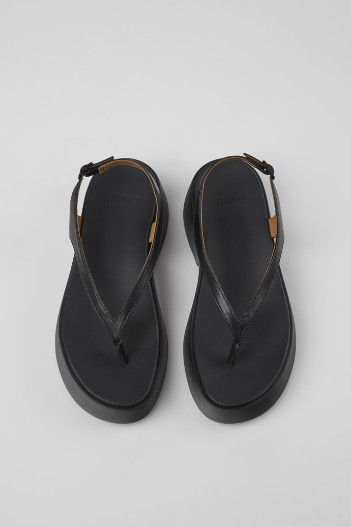 Overhead view of Tasha Black Leather Sandals for Women.