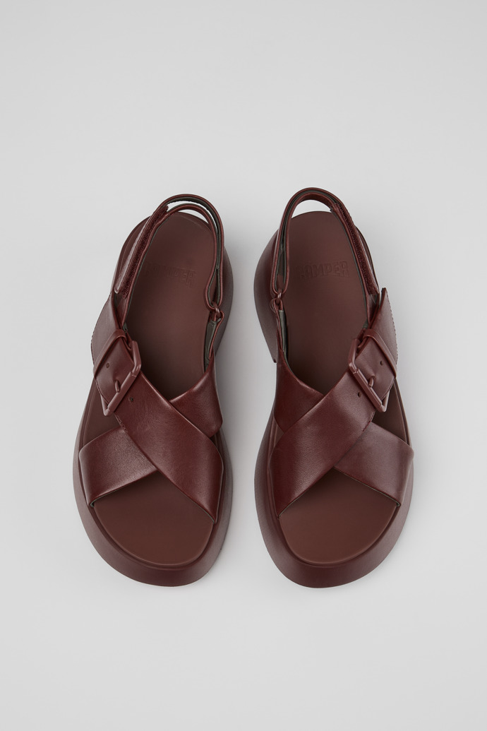 Overhead view of Tasha Burgundy Leather Sandals for Women.