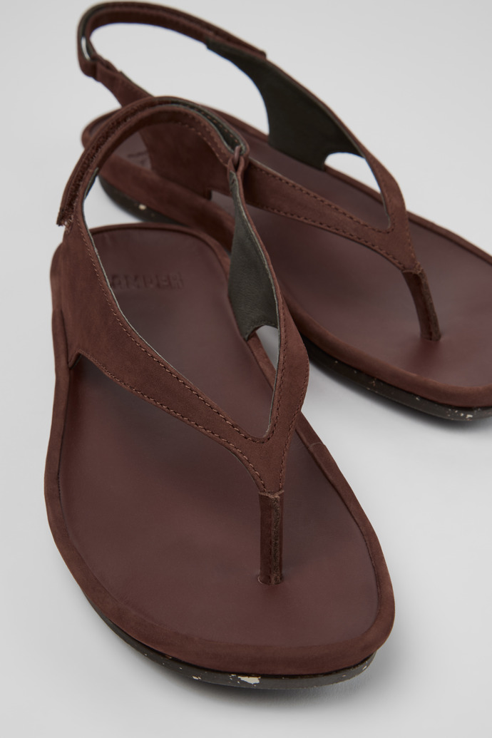Close-up view of Right Isla Brown Nubuck Leather Sandals for Women.
