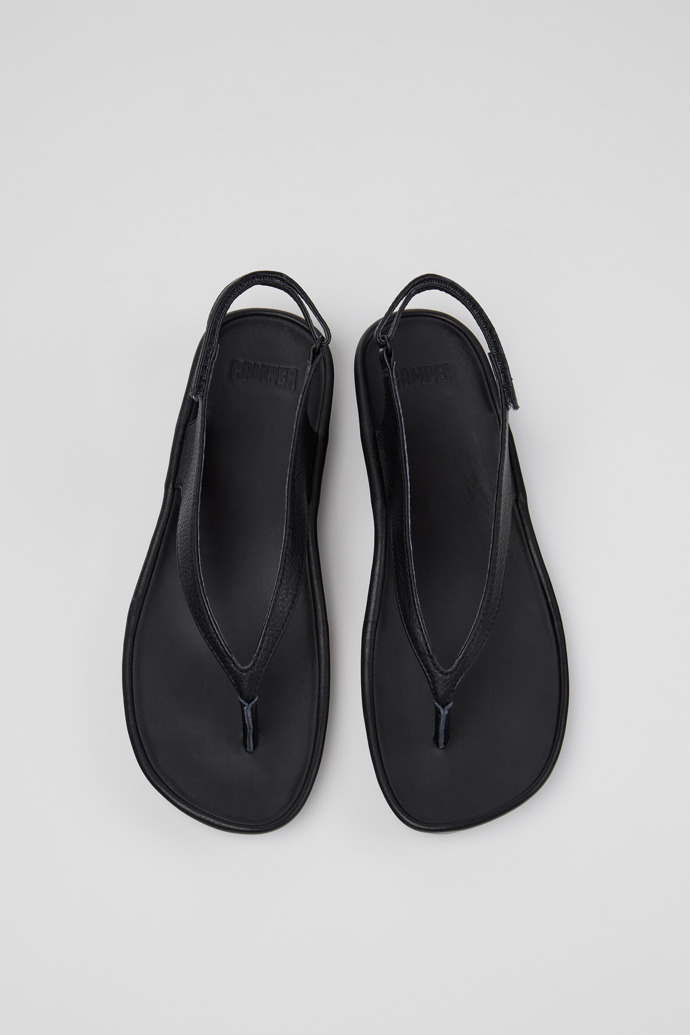 Overhead view of Right Isla Black Leather Sandals for Women.