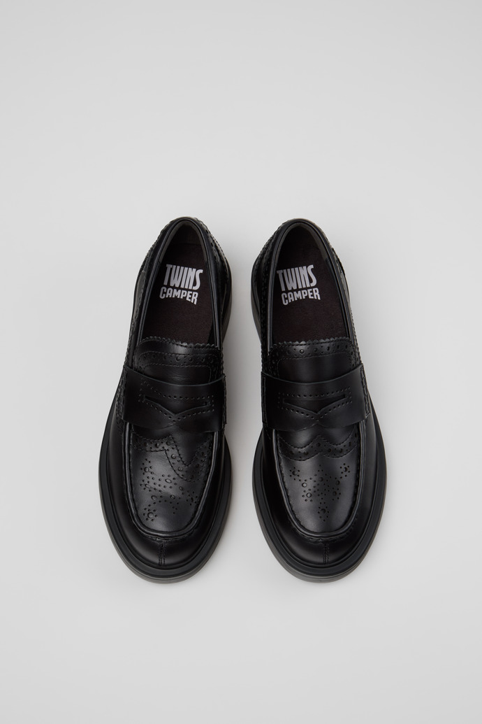 Overhead view of Twins Black Leather Moccasins for Women.