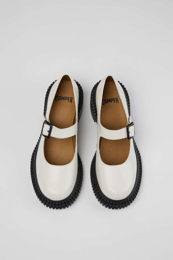Overhead view of Pix London White Leather Moccasins for Women.