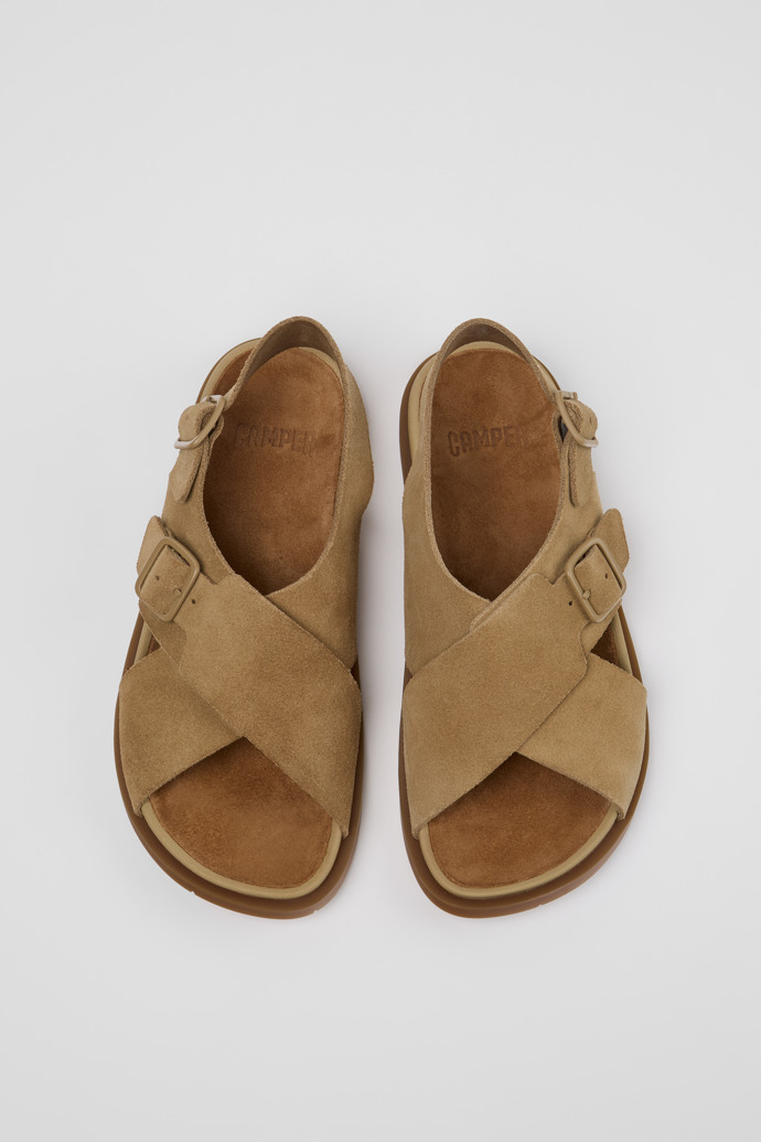 Overhead view of Lluc Sandal Brown Suede Leather Sandals for Women.