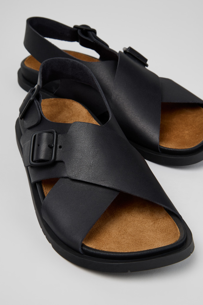 Close-up view of Lluc Sandal Black Leather Sandals for Women.