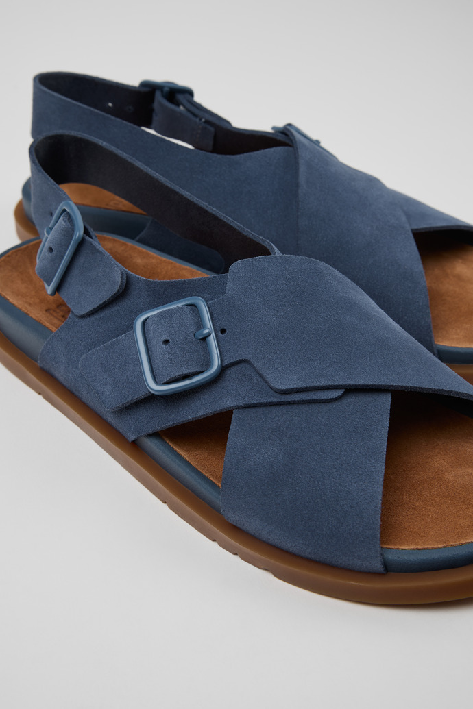 Close-up view of Lluc Sandal Blue Suede Sandals for Women.