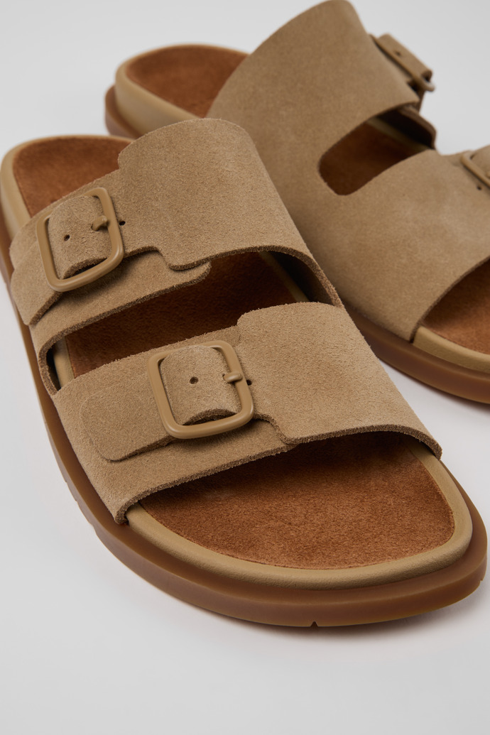 Close-up view of Lluc Sandal Brown Suede Sandals for Women.