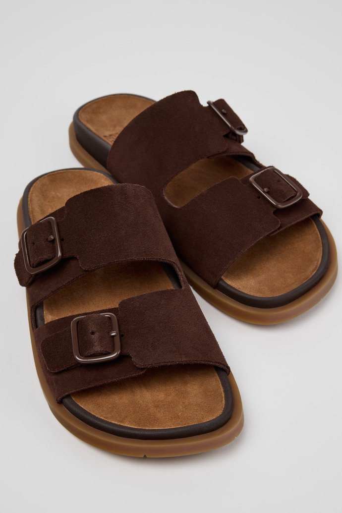 Close-up view of Lluc Sandal Brown Suede Sandals for Women.