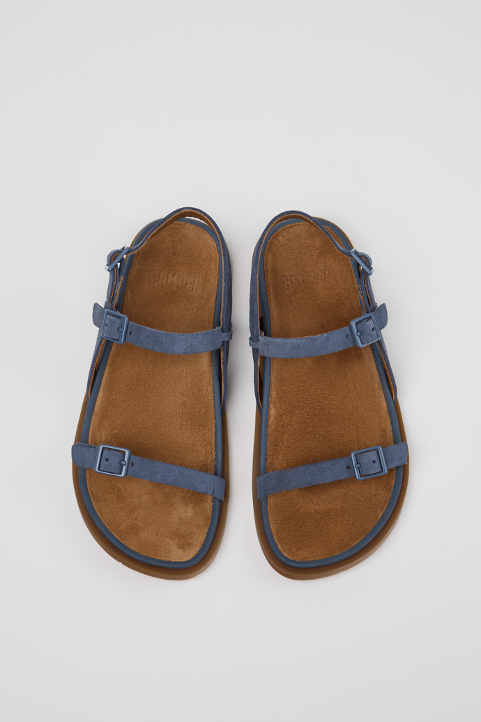 Overhead view of Lluc Sandal Blue Suede Leather Sandals for Women.
