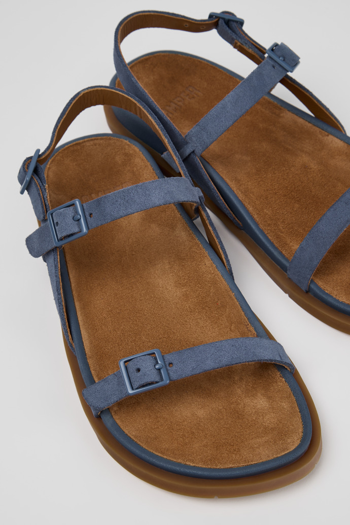 Close-up view of Lluc Sandal Blue Suede Leather Sandals for Women.
