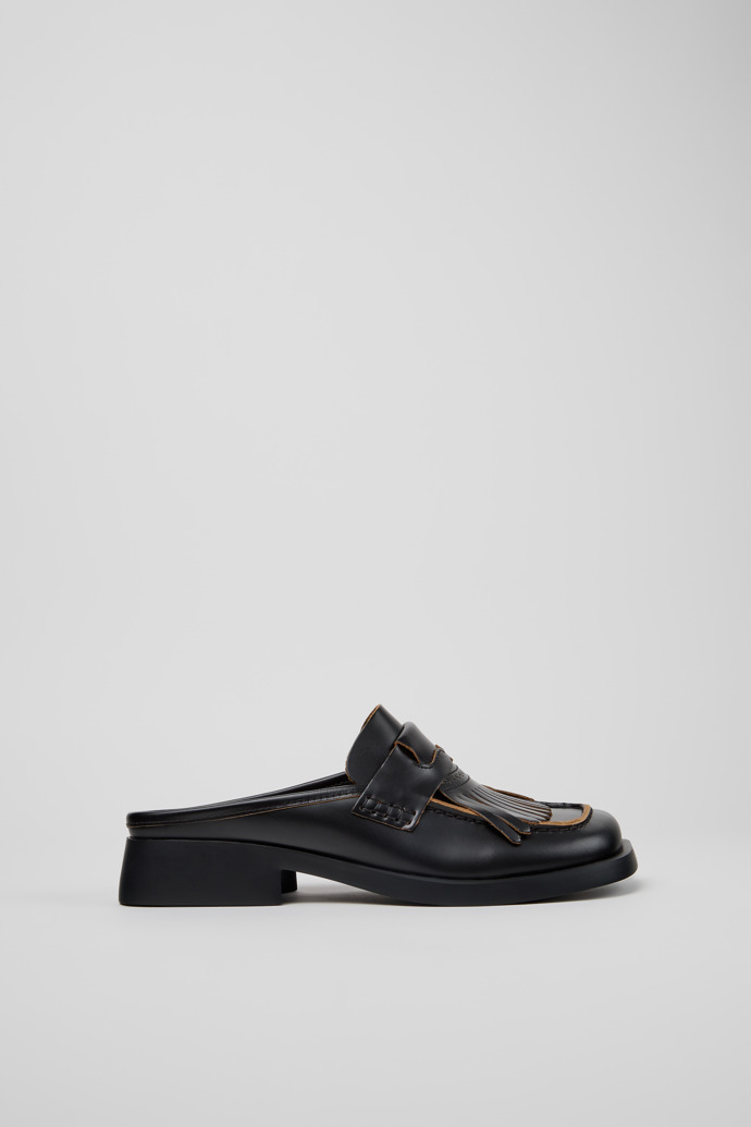 Side view of Twins Black Leather Moccasins for Women.