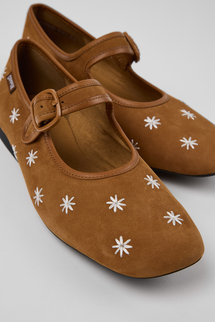 Close-up view of Casi Myra Brown Nubuck and Leather Ballerinas for Women.