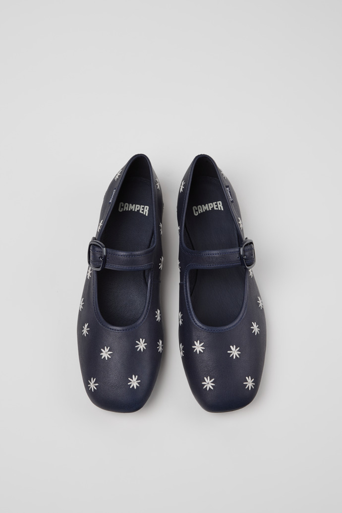 Overhead view of Casi Myra Blue Leather Ballerinas for Women.