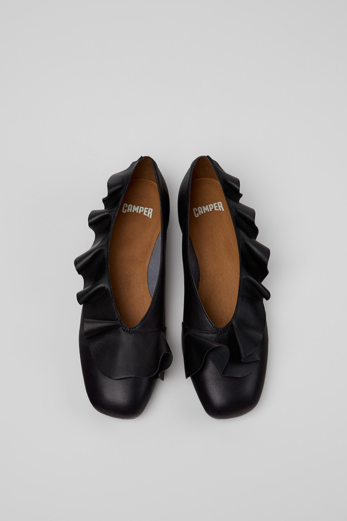 Overhead view of Casi Myra Black Leather Ballerinas for Women.