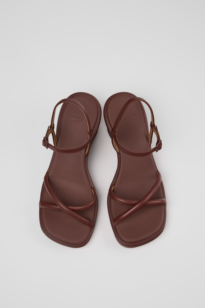 Overhead view of Louise Sandal Burgundy Leather Sandals Shoes for Women with Outsoles.