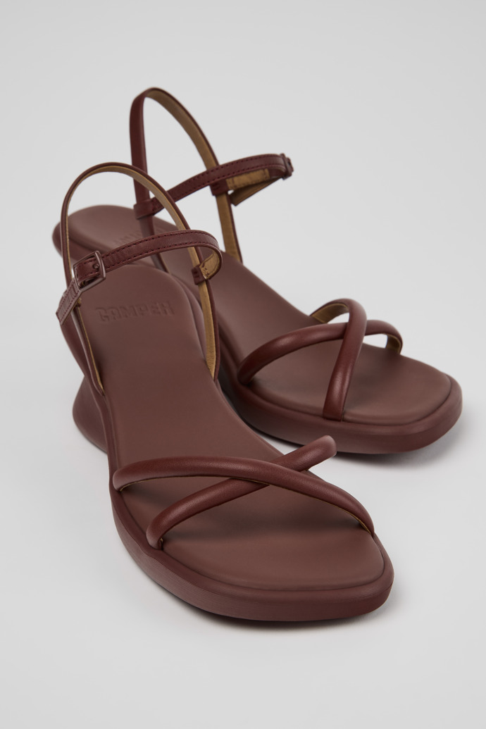 Close-up view of Louise Sandal Burgundy Leather Sandals Shoes for Women with Outsoles.